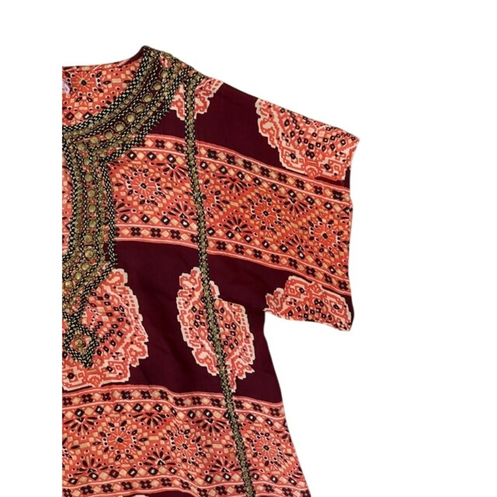 Calypso St Barth Silk Medallion Tunic Dress Orange Burgundy Studded Boho Medium - Picture 7 of 11